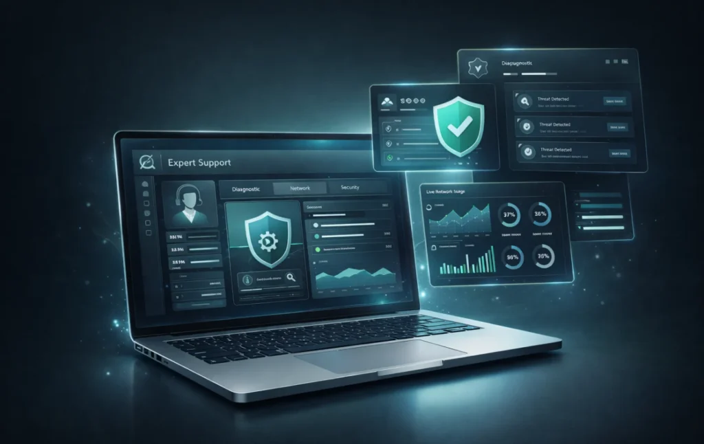 Premium tech support services displaying advanced diagnostics, security monitoring, and expert remote assistance by Brilliant Tech.