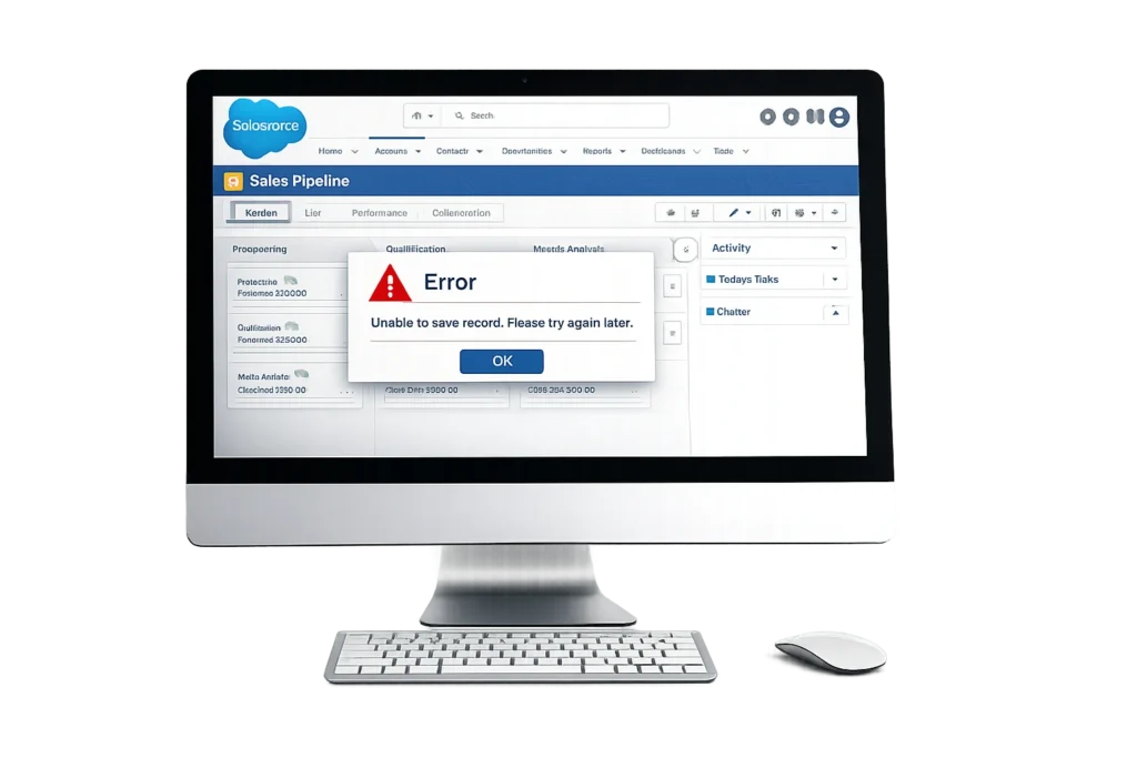 Salesforce help showing software interface with highlighted error message on computer screen