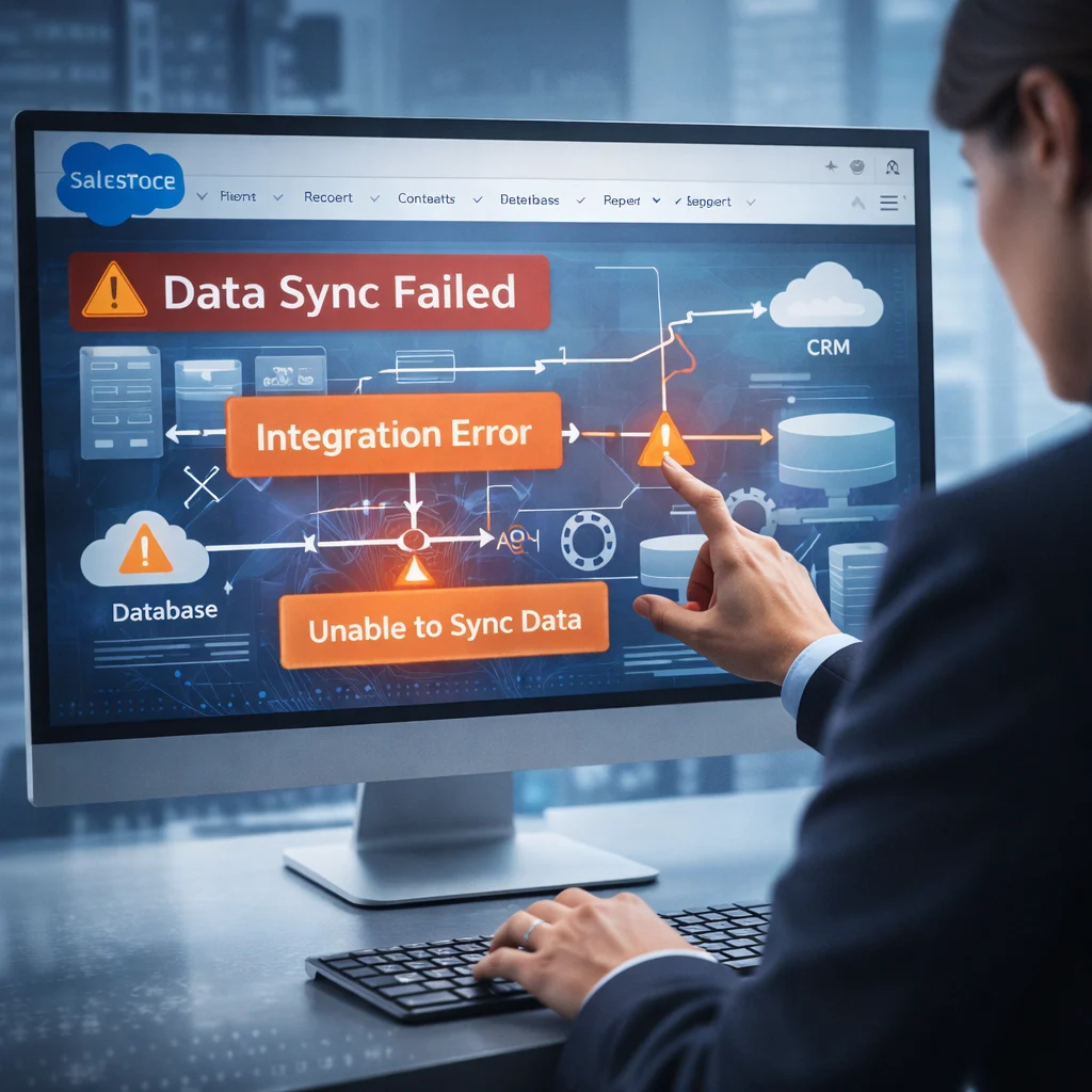 Salesforce help showing data sync or integration problems with error messages on software interface
