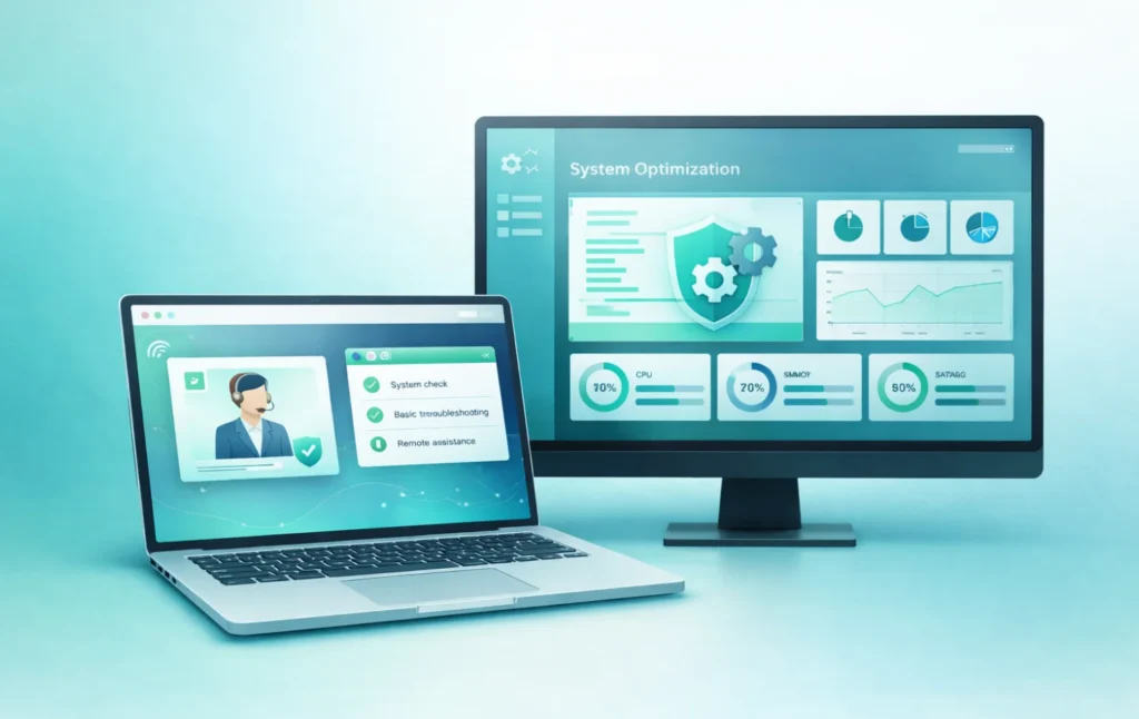 Advanced tech support services showing system optimization, performance graphs, and live remote support by Brilliant Tech.