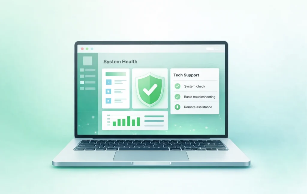 Basic tech support services showing system health dashboard and remote assistance for computers by Brilliant Tech.