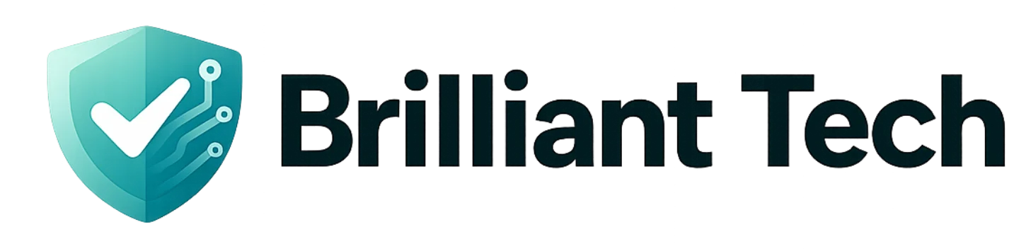 Brilliant Tech logo on black background with white and orange text representing professional IT and tech support services