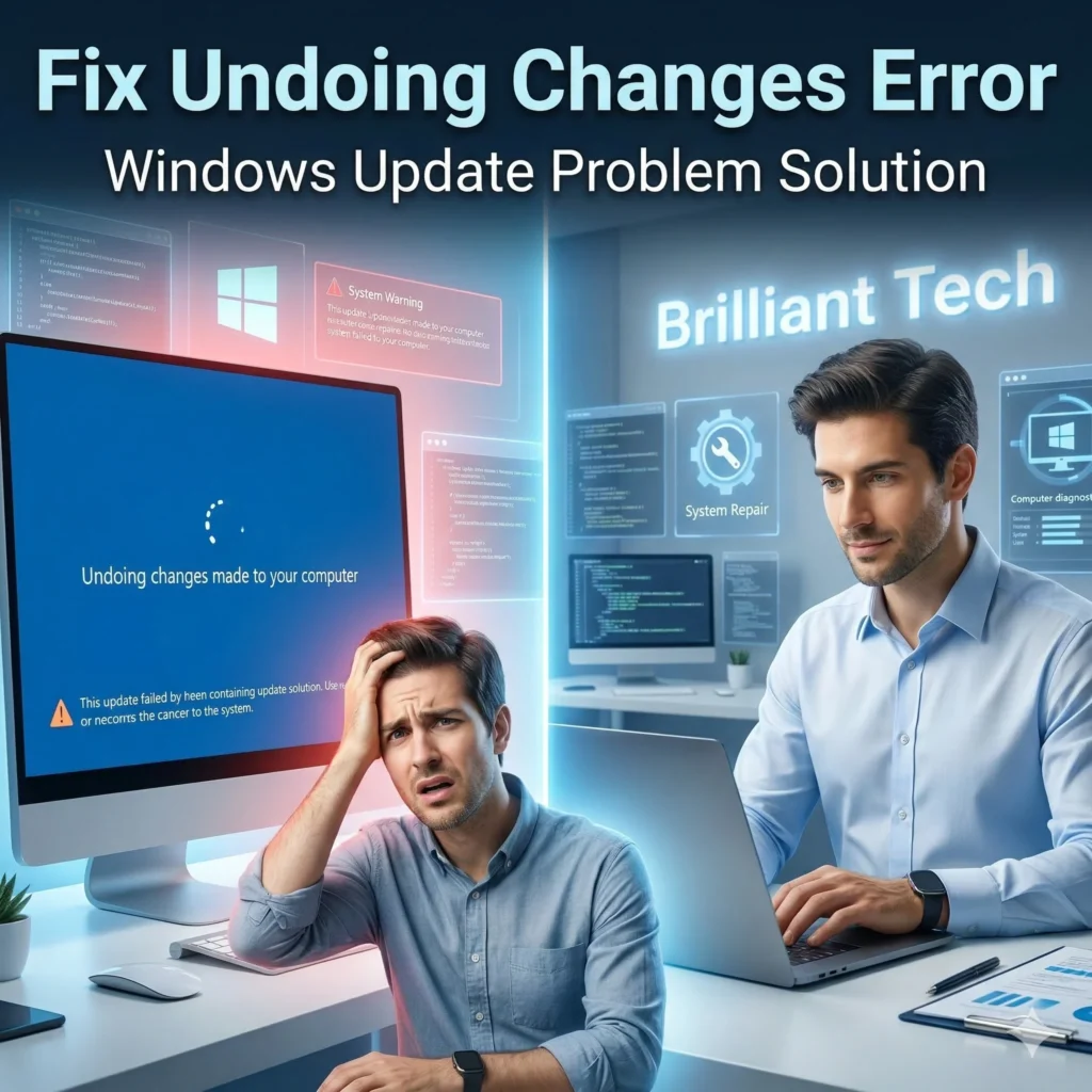 How to fix undoing changes made to your computer error in Windows showing a Windows update rollback problem with a tech support solution.