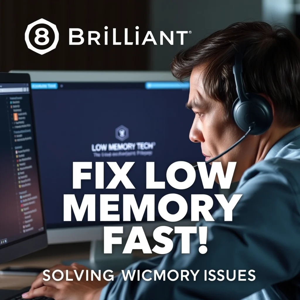 Man frustrated with slow PC due to low memory, Brilliant Tech logo in background providing solution for how to fix low memory on pc