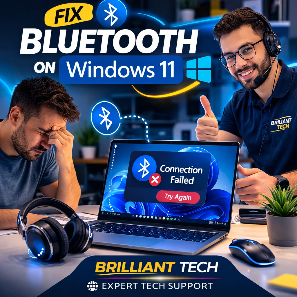 How to fix Bluetooth on PC Windows 11 showing a Windows laptop with Bluetooth connection problem.