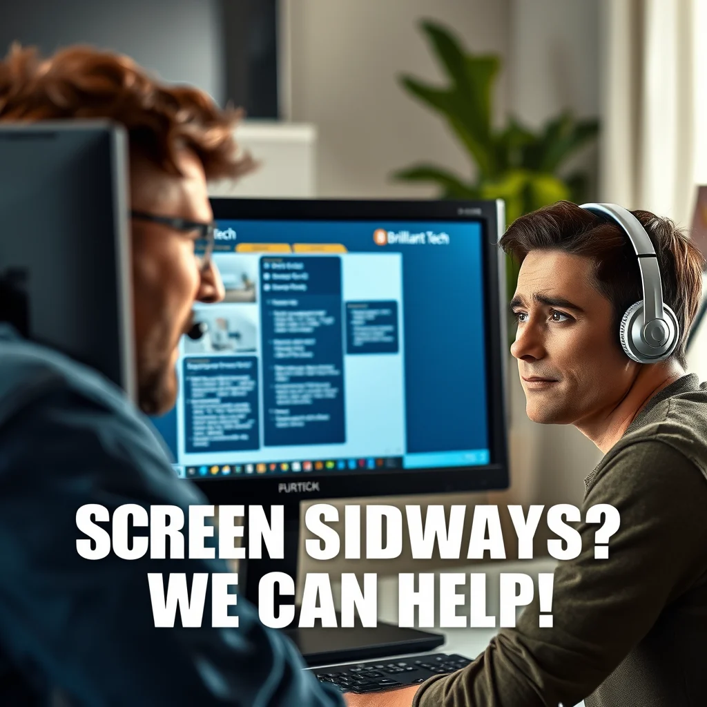 Person looking at a sideways PC screen, Brilliant Tech technician offering remote help on how to fix a pc screen that is sideways.