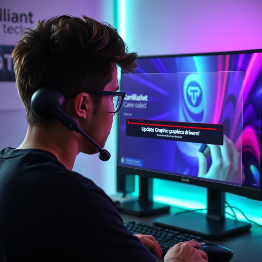 Gamer looking frustrated at a 'Game Crashed' error on PC, with a Brilliant Tech logo in the background suggesting 'how to fix game crashes on pc'.